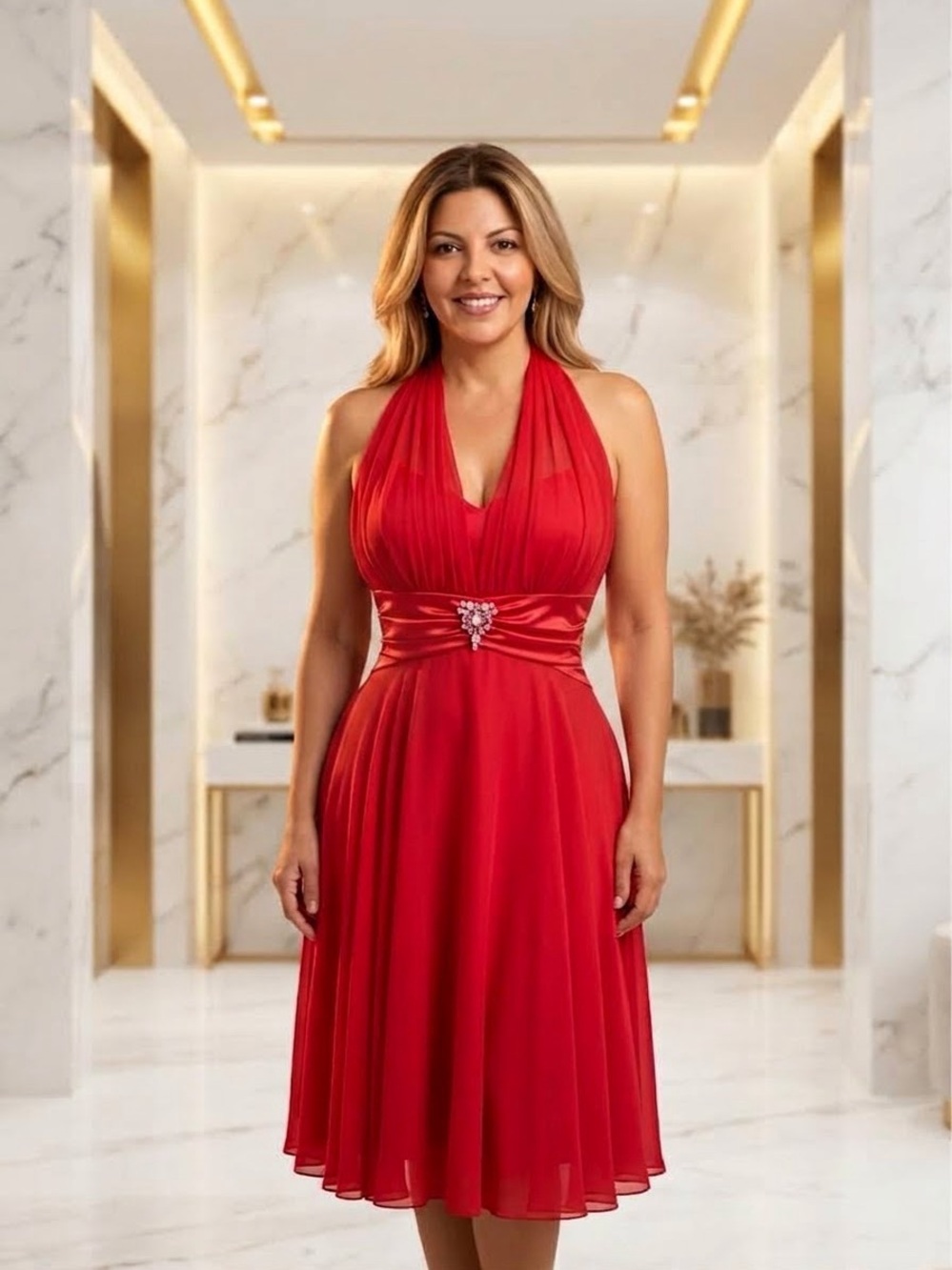Candy red, flirty, illusion halter dress